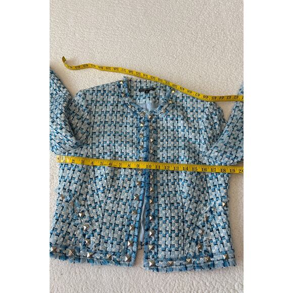 Vintage Boho Chic Blazer Women's Frayed Trim Blue Plaid Studded Short 10 Reg - Picture 6 of 10